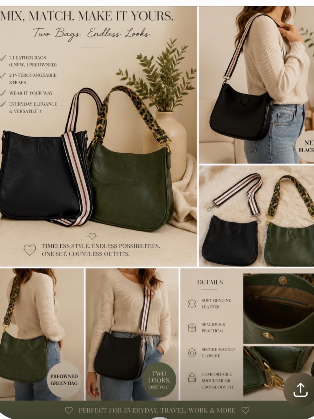 Convertible Leather Shoulder Bag — Black & Green